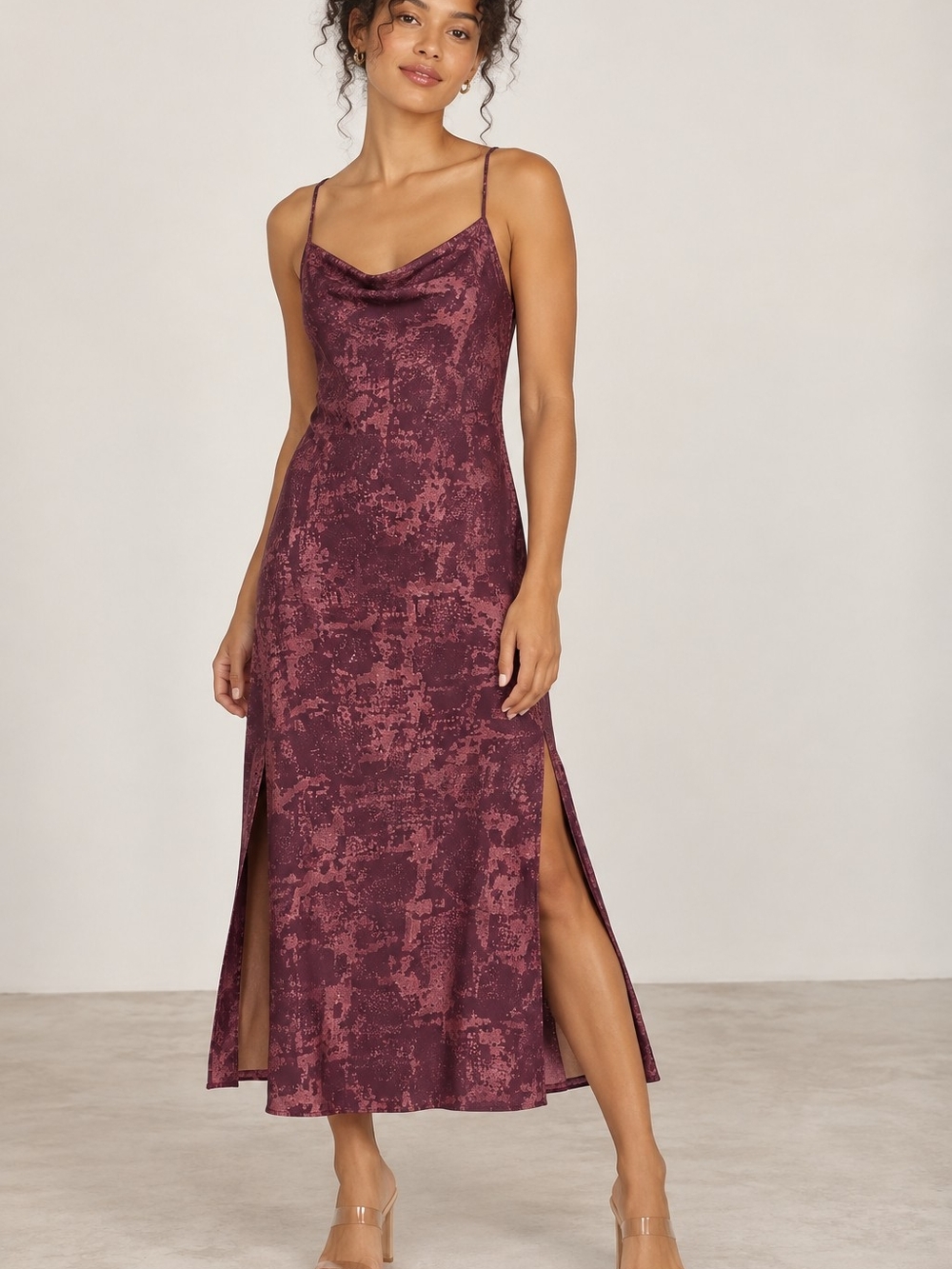 👀 Calvin Klein | Printed Cowl-Neck Slip Dress Maxi in Burgundy/Plum | NWT |XL